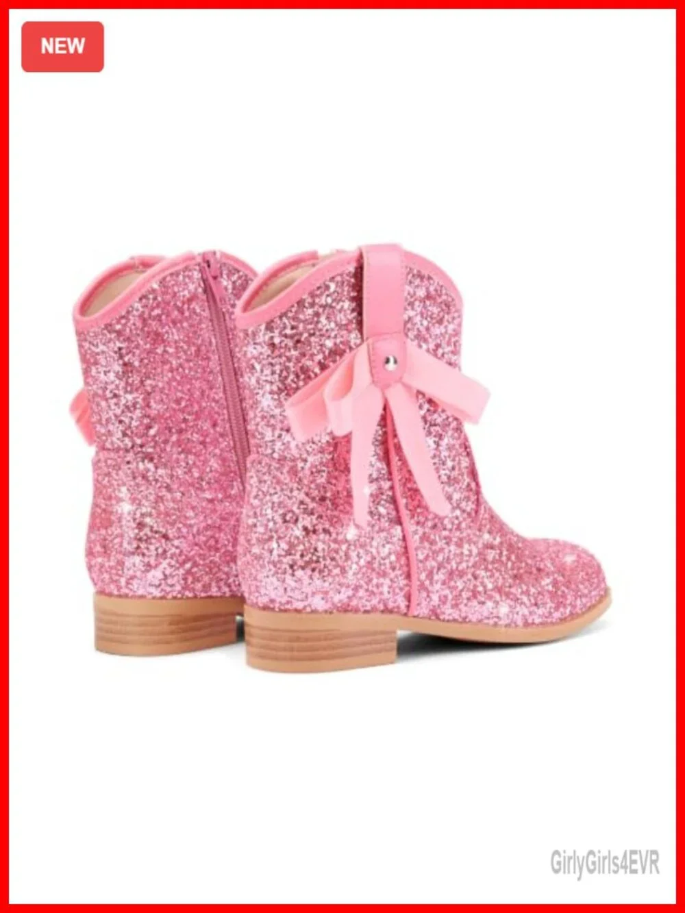 Girls Cowboy Boots Glitter Low Heel Ankle Booties Bow Side Zipper